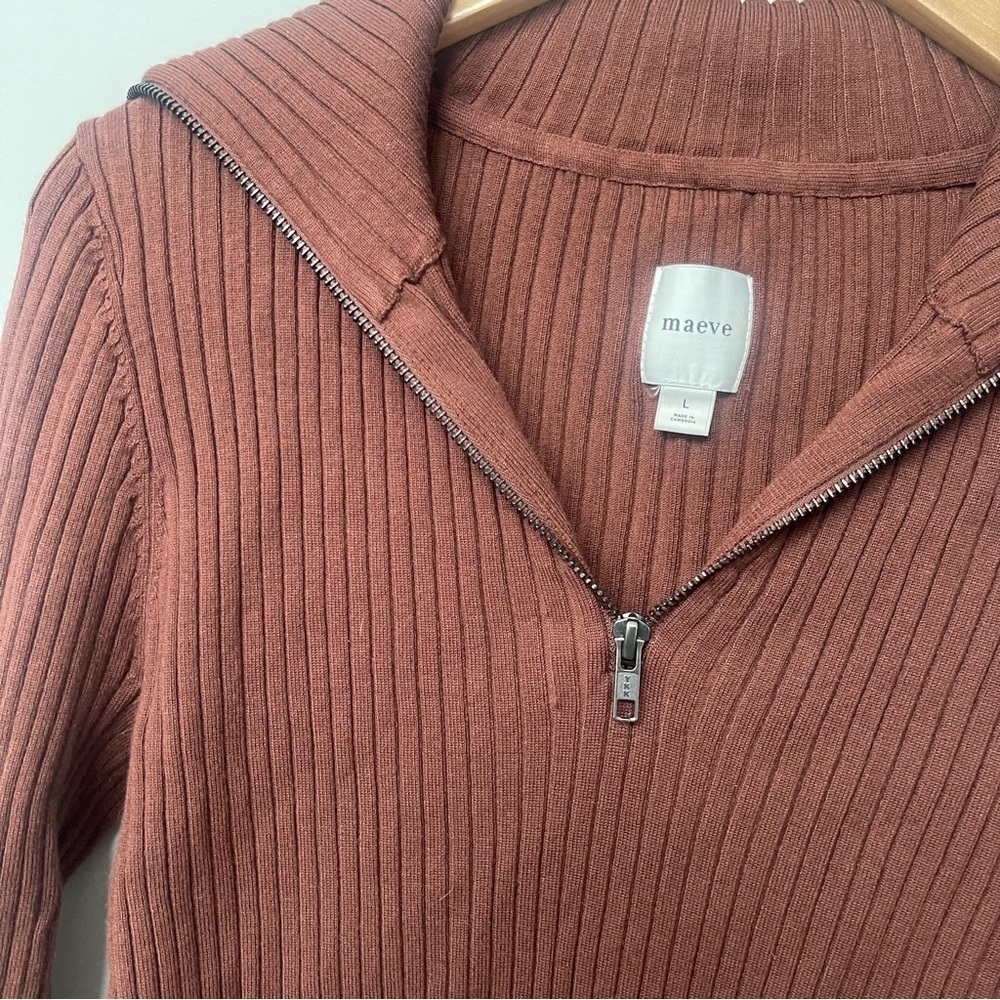Maeve | Anthropologie | Brown Ribbed Half Zip Sweater - Picture 3 of 8